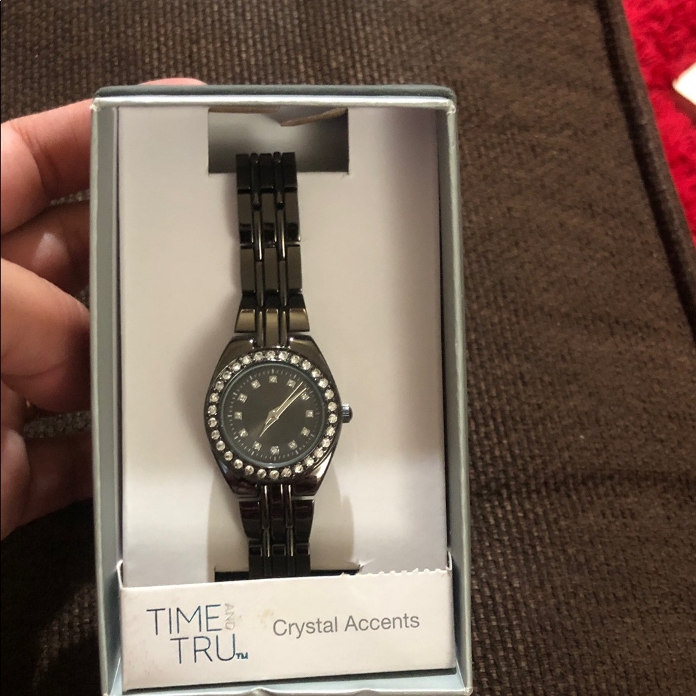 Time and Tru Silver and Black Watch with Crystal Accents
